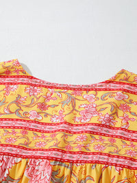 Floral Notched Neck Ruffled Sleeve Casual Blouse