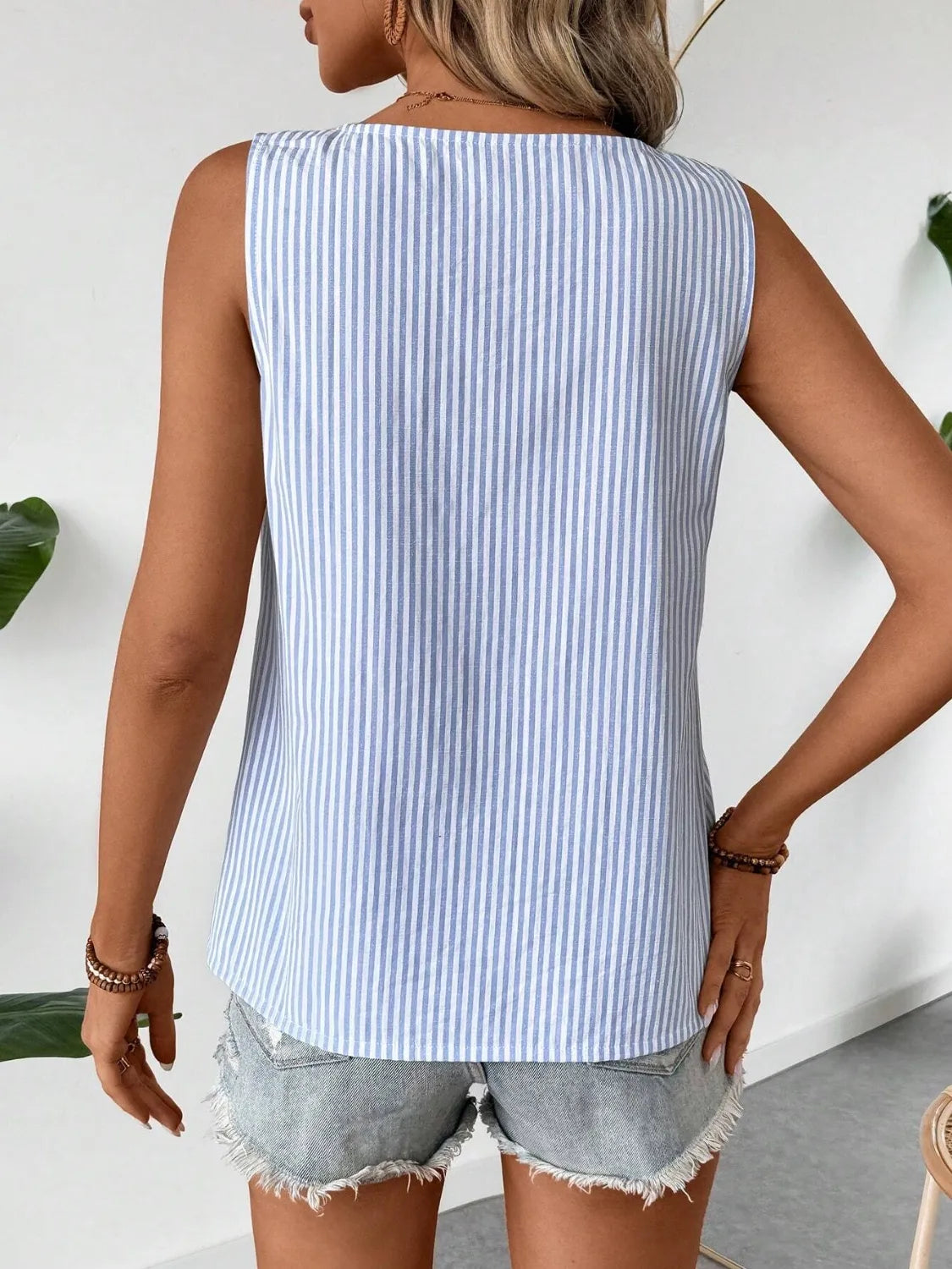 Decorative Button Asymmetrical Striped Tank