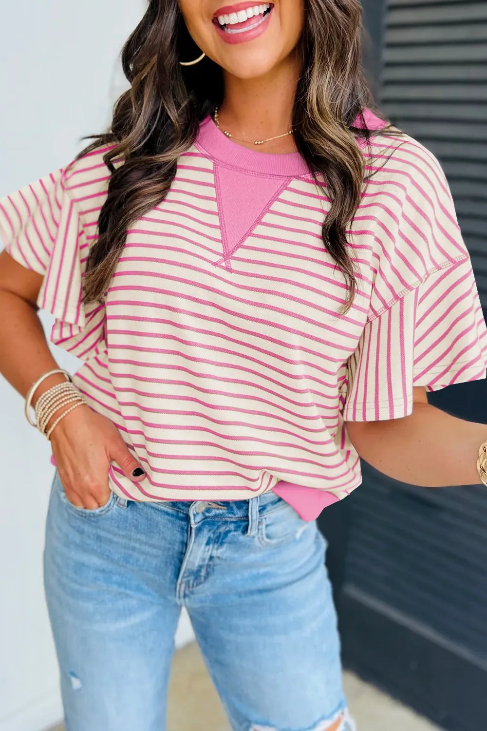 Striped Flounce Sleeve Casual Blouse