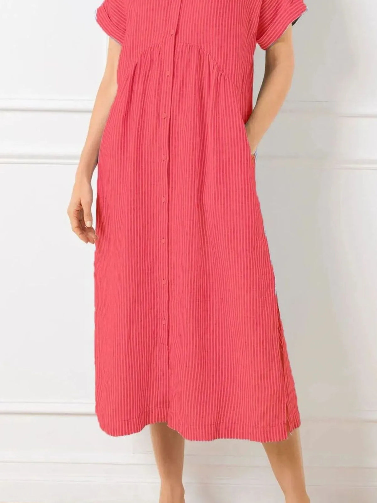 Full Size Striped Button-Front Midi Dress Plus Size