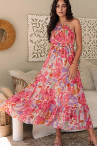 Floral Print Shirred One Shoulder Maxi Dress