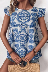 Boho Print Ruffled Cap Sleeve Crew Neck Blouse