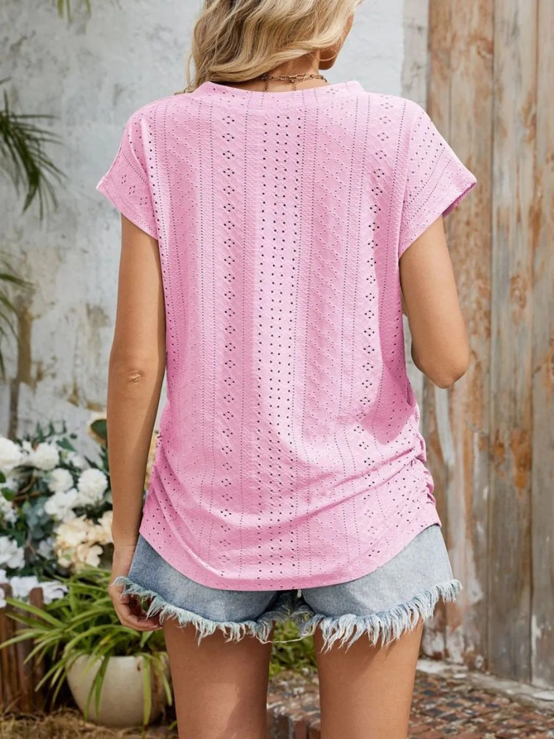 Eyelet V-Neck Short Sleeve Top