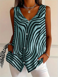 Sleeveless Zebra Print Button-Up Tank Top