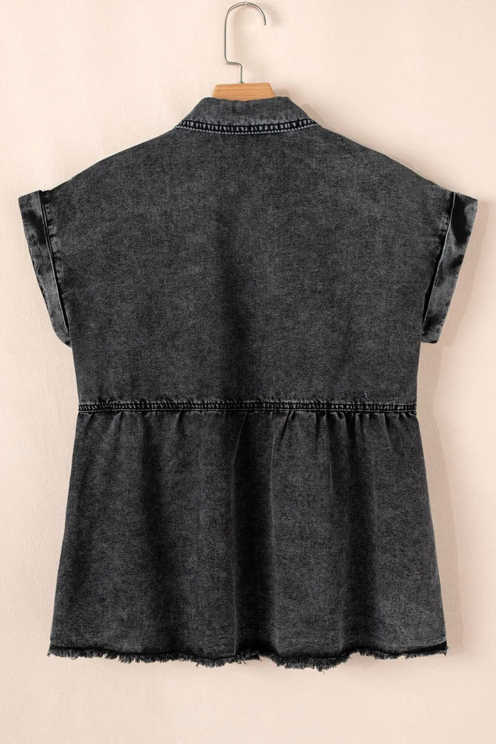 Short Sleeve Flap Pocket Button Up Raw Hem Denim Shirt