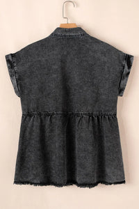 Short Sleeve Flap Pocket Button Up Raw Hem Denim Shirt