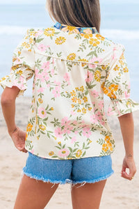 Multicolour Crochet V Neck Half Sleeve Boho Floral Blouse