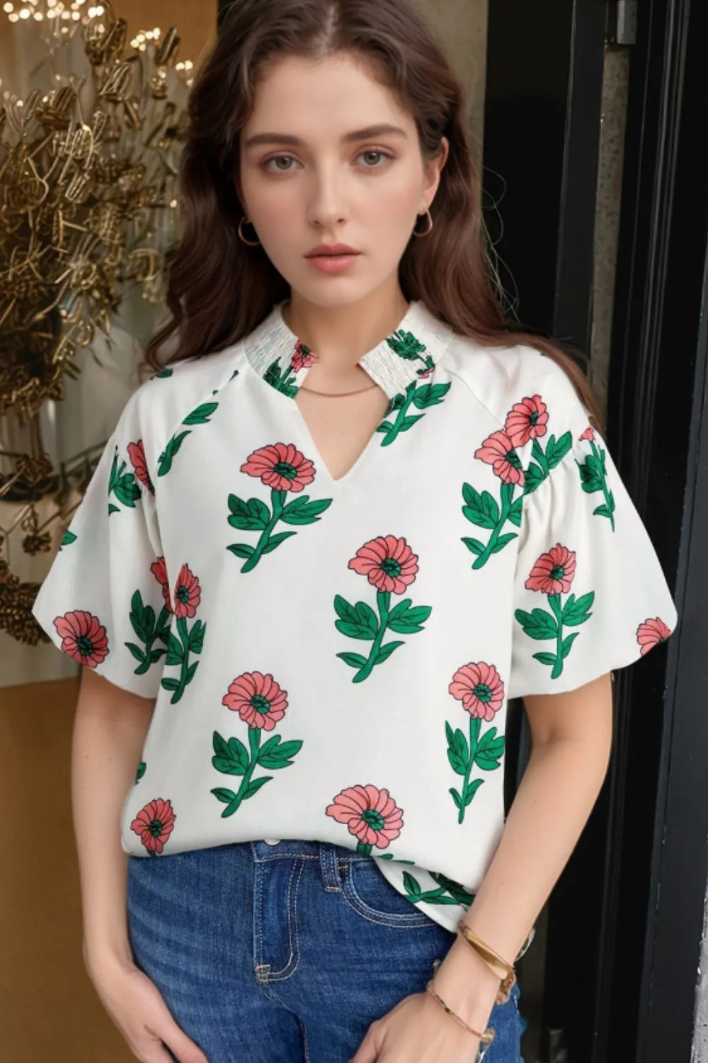Flower Notched Short Sleeve Blouse