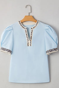 Contrast Leopard Trim Split Neck Puff Sleeve Blouse