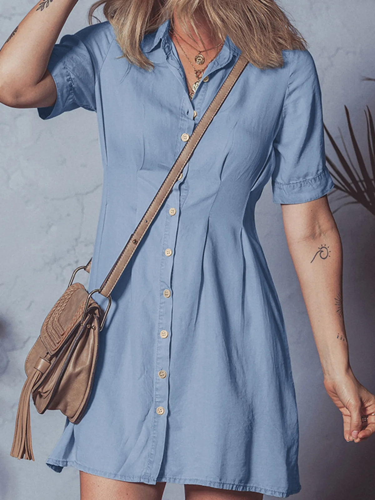 Denim Pleated Slim Waist Short Sleeve Shirt Dress
