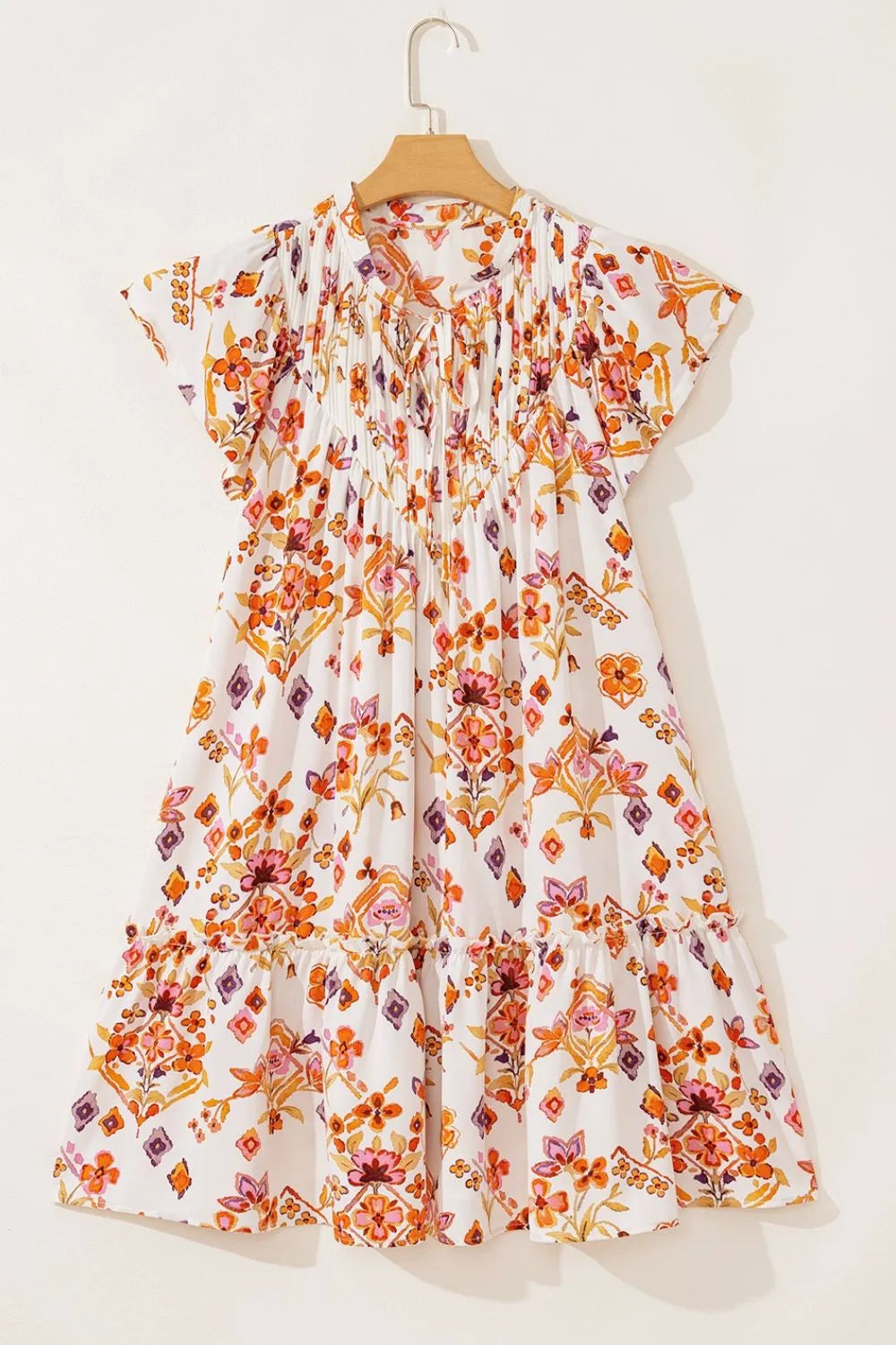 Printed Tie Neck Cap Sleeve Mini Dress