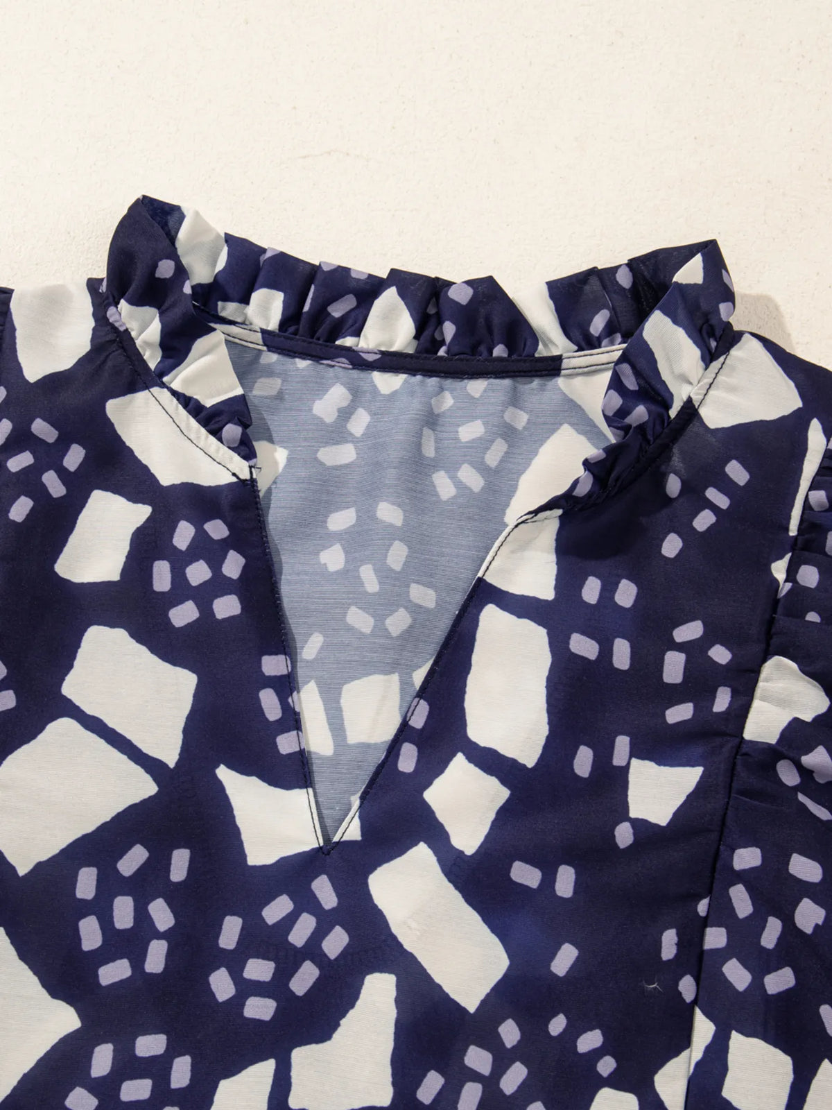 Abstract Print Frilled Puff Sleeve V Neck Blouse