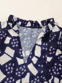 Abstract Print Frilled Puff Sleeve V Neck Blouse