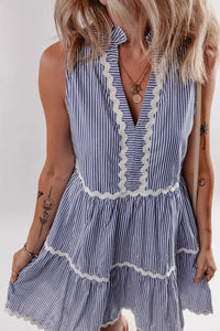 Stripe Sleeveless Notched Ric Rac Mini Dress