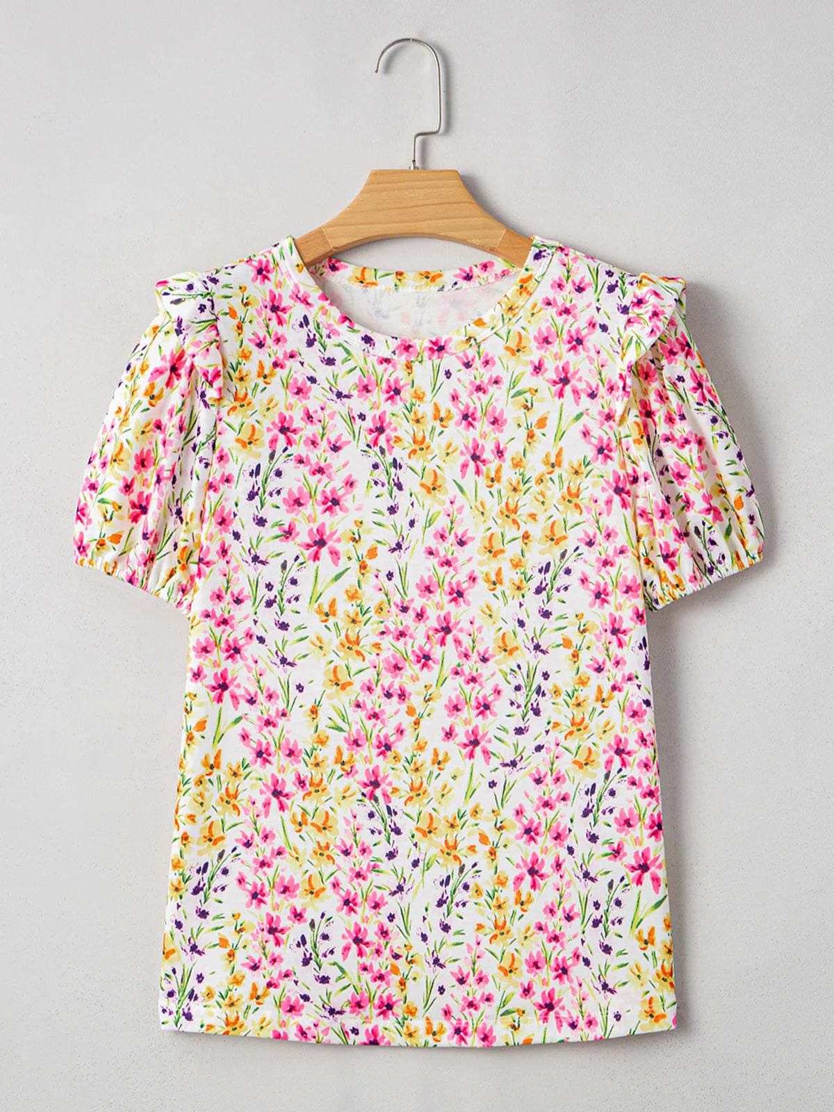 Floral Puff Sleeve Crewneck Blouse