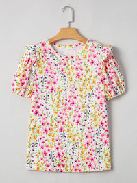Floral Puff Sleeve Crewneck Blouse