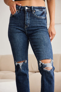 Full Size Tummy Control Distressed High Waist Raw Hem Jeans Dark Potassium w/ destruct