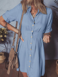 Denim Pleated Slim Waist Short Sleeve Shirt Dress