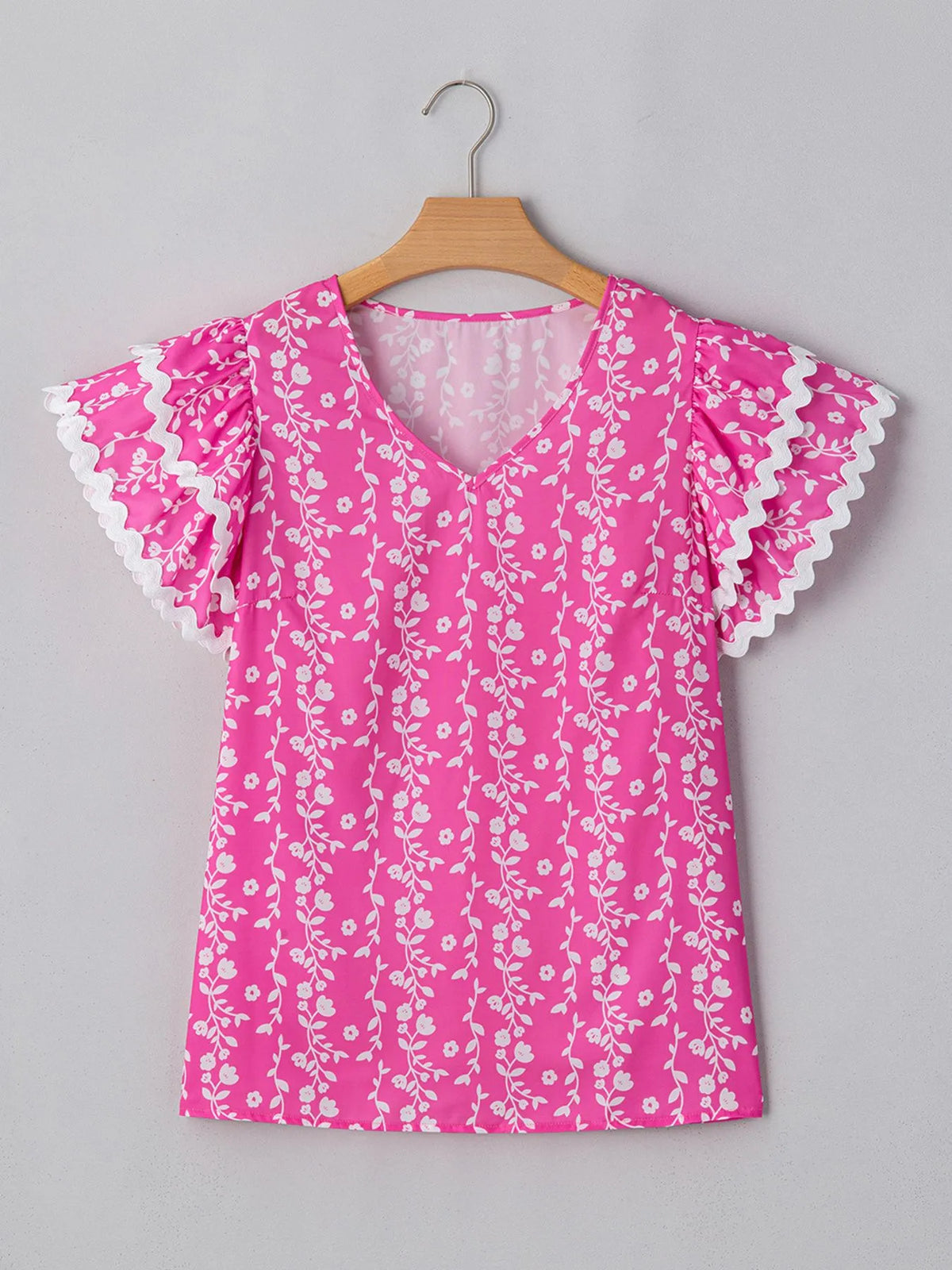 Floral Print Ric-rac Tiered Ruffled V Neck Blouse