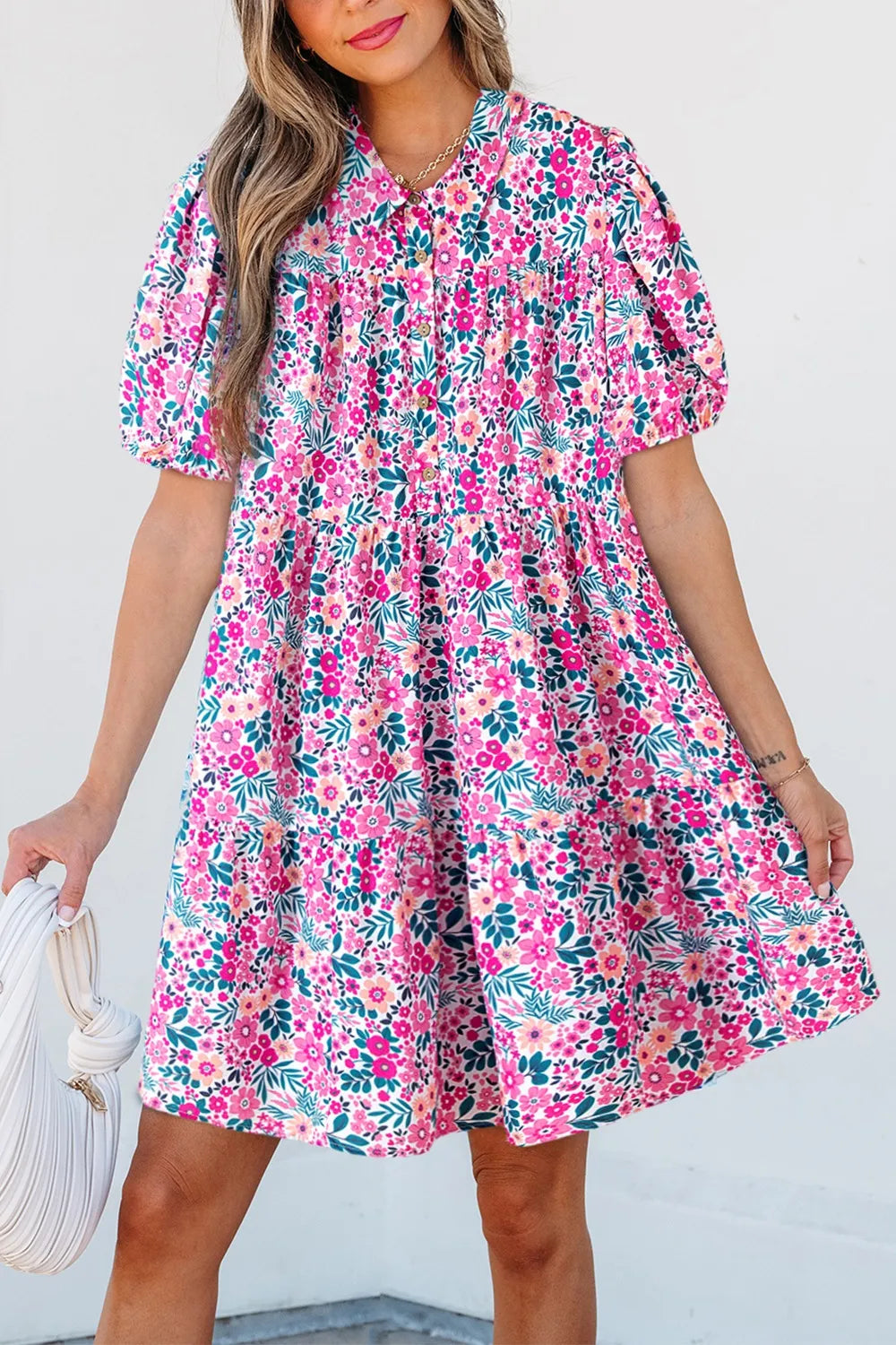 Printed Short Sleeve Mini Shirt Dress