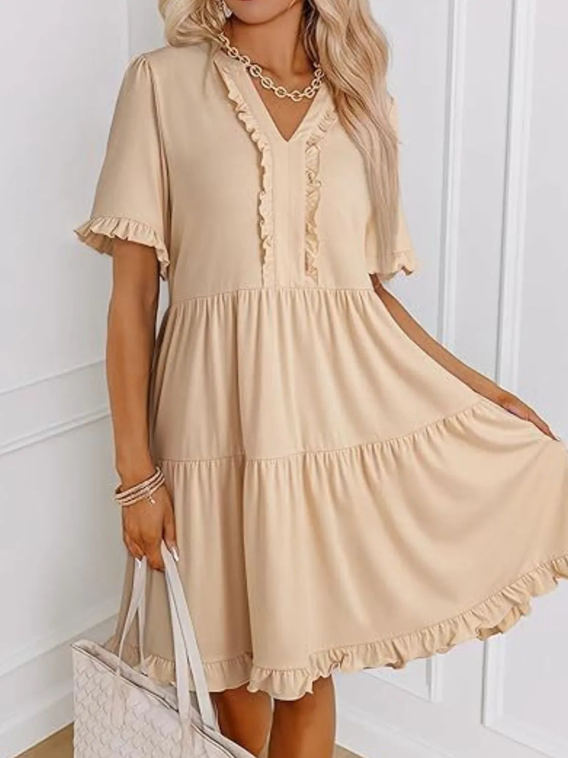 Tiered Notched Short Sleeve Mini Dress