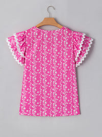 Floral Print Ric-rac Tiered Ruffled V Neck Blouse