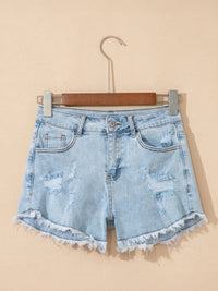 High Rise Distressed Raw Hem Denim Shorts