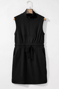 French Terry Zipped Collar Sleeveless Drawstring Waist Mini Dress