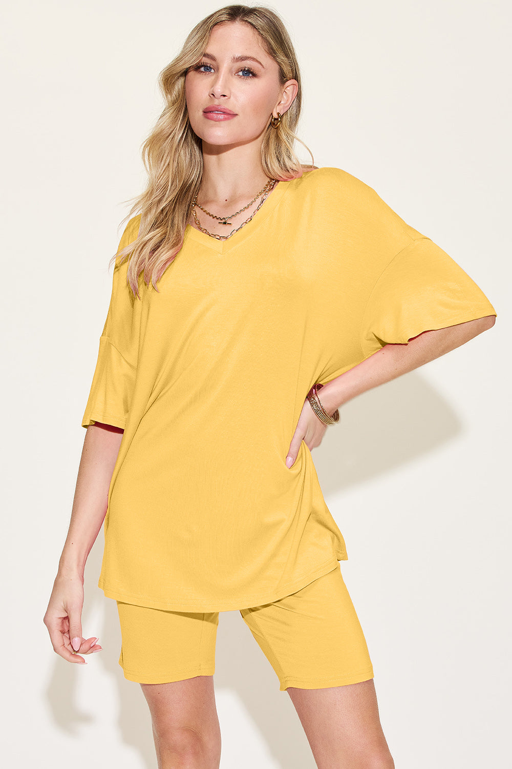 Bamboo Full Size V-Neck Drop Shoulder T-Shirt and Shorts Set