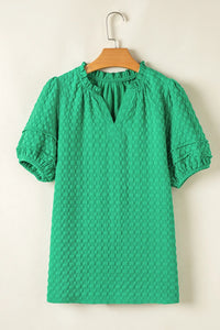 Textured Puff Short Sleeve Notched Top