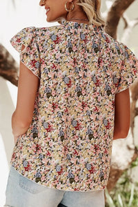 Floral Print Ruffle Cap Sleeve Blouse