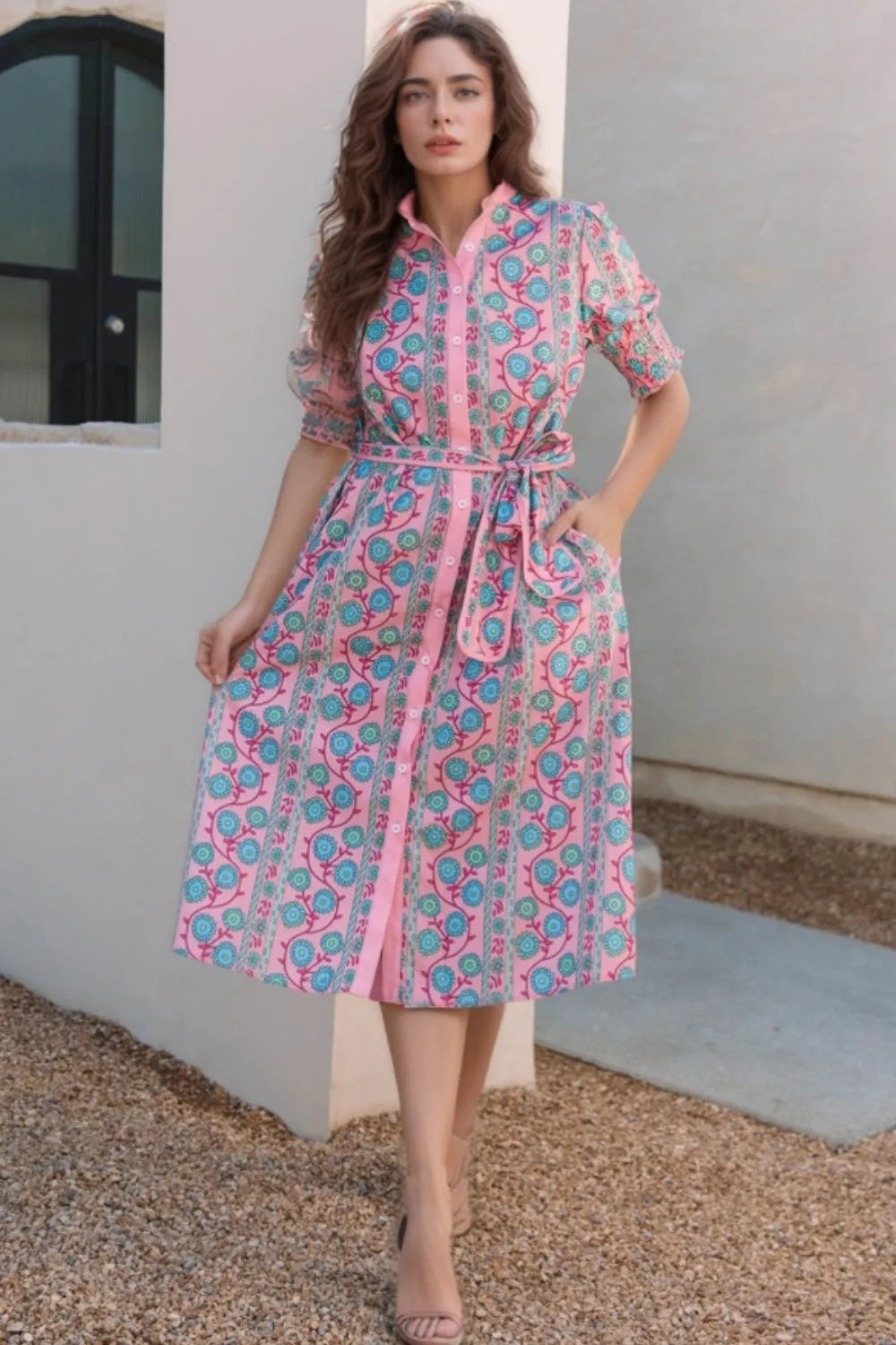 Printed Shirred Sleeve Buttoned Front Midi Dress with Sash