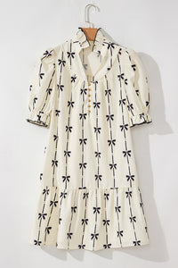 Frill Bow Print Notched Short Sleeve Mini Dress