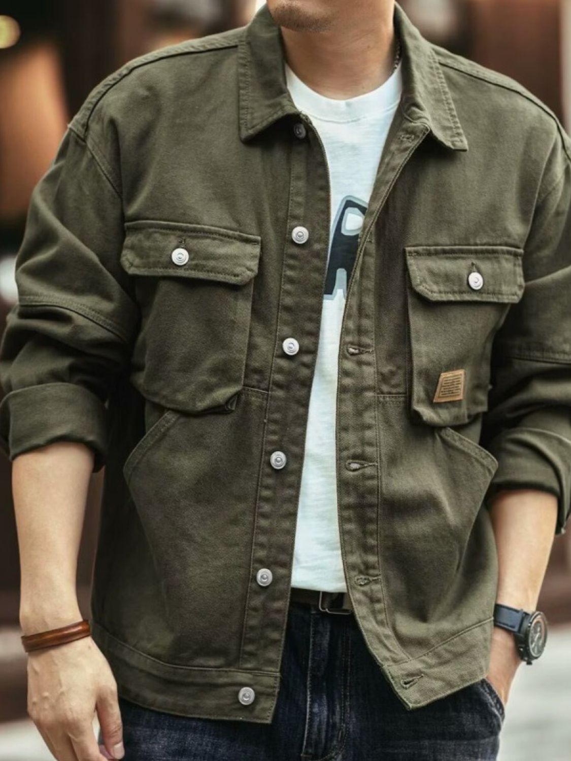 Men's Washed Collared Neck Cargo Jacket