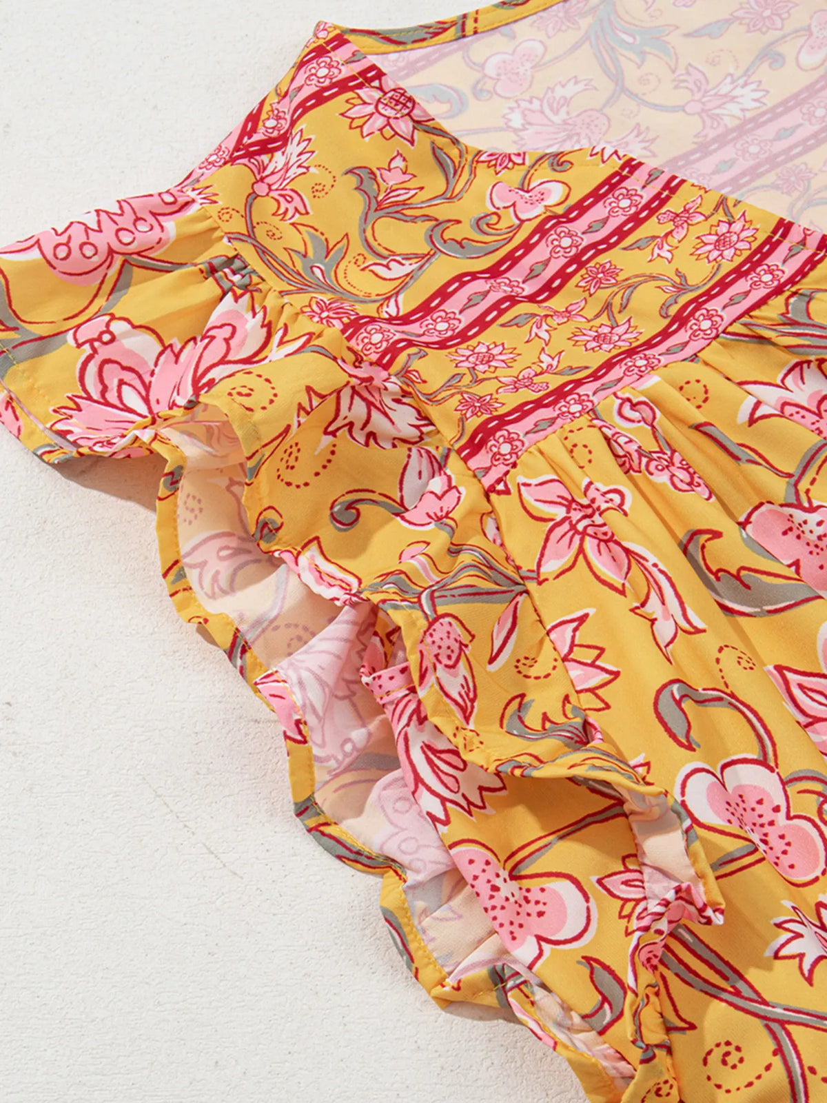 Floral Notched Neck Ruffled Sleeve Casual Blouse