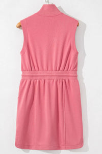 French Terry Zipped Collar Sleeveless Drawstring Waist Mini Dress