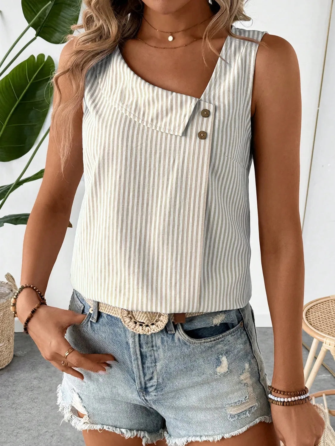 Decorative Button Asymmetrical Striped Tank