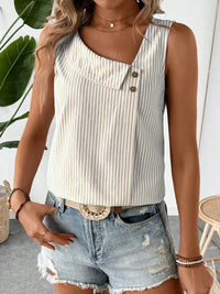 Decorative Button Asymmetrical Striped Tank