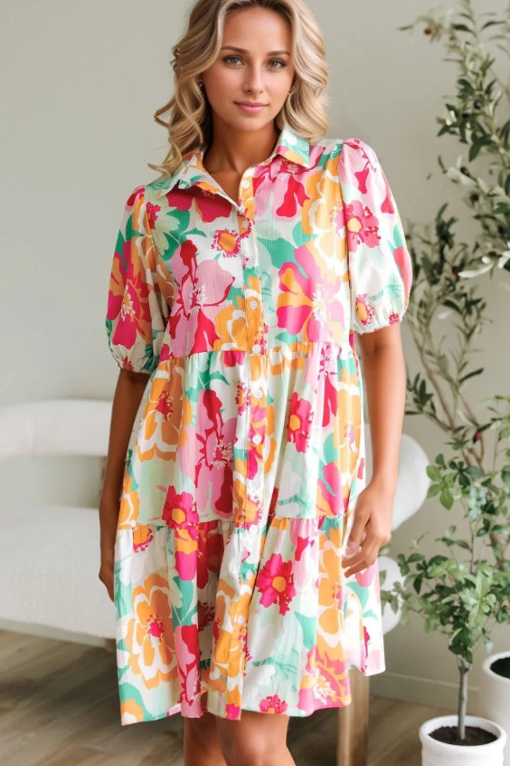 Button Down Floral Puff Sleeve Babydoll Dress