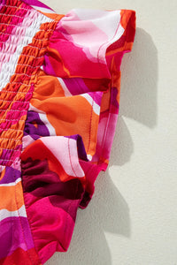 Abstract Print Shirred Yoke Ruffled Blouse