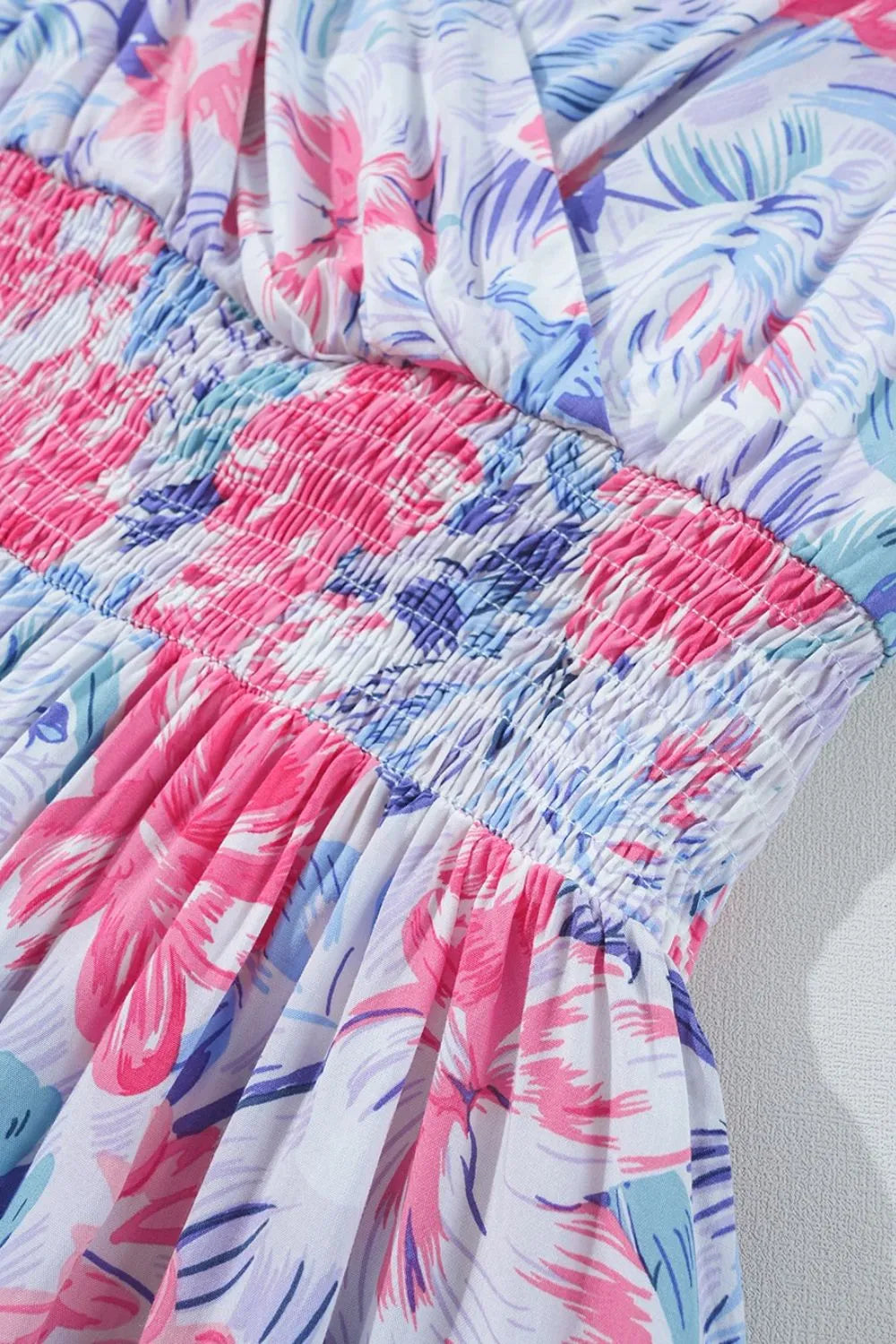 Floral Spaghetti Strap Surplice Neck Shirred Waist Mini Dress