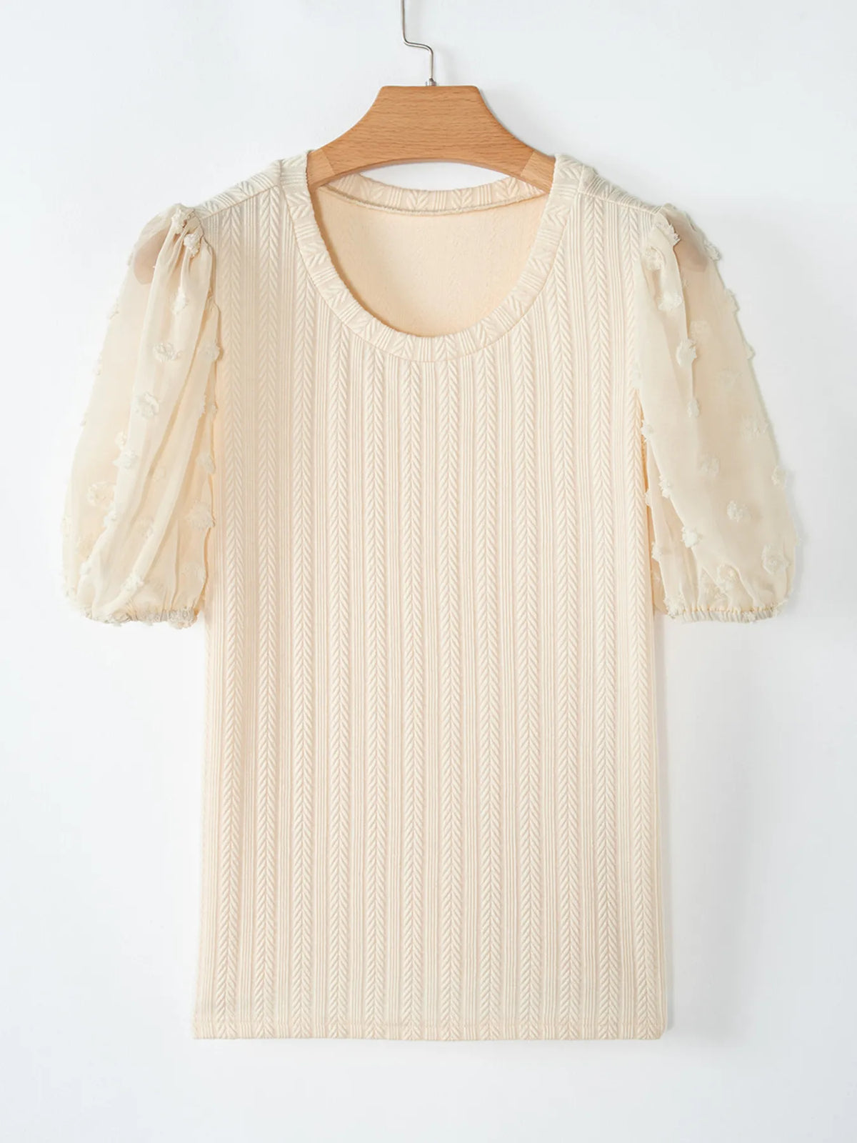 Polka Dot Mesh Puff Sleeve Textured Blouse