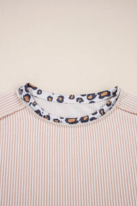 Leopard Trim Round Neck Ribbed T-Shirt