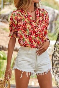 Floral Print Puff Sleeve Surplice Blouse