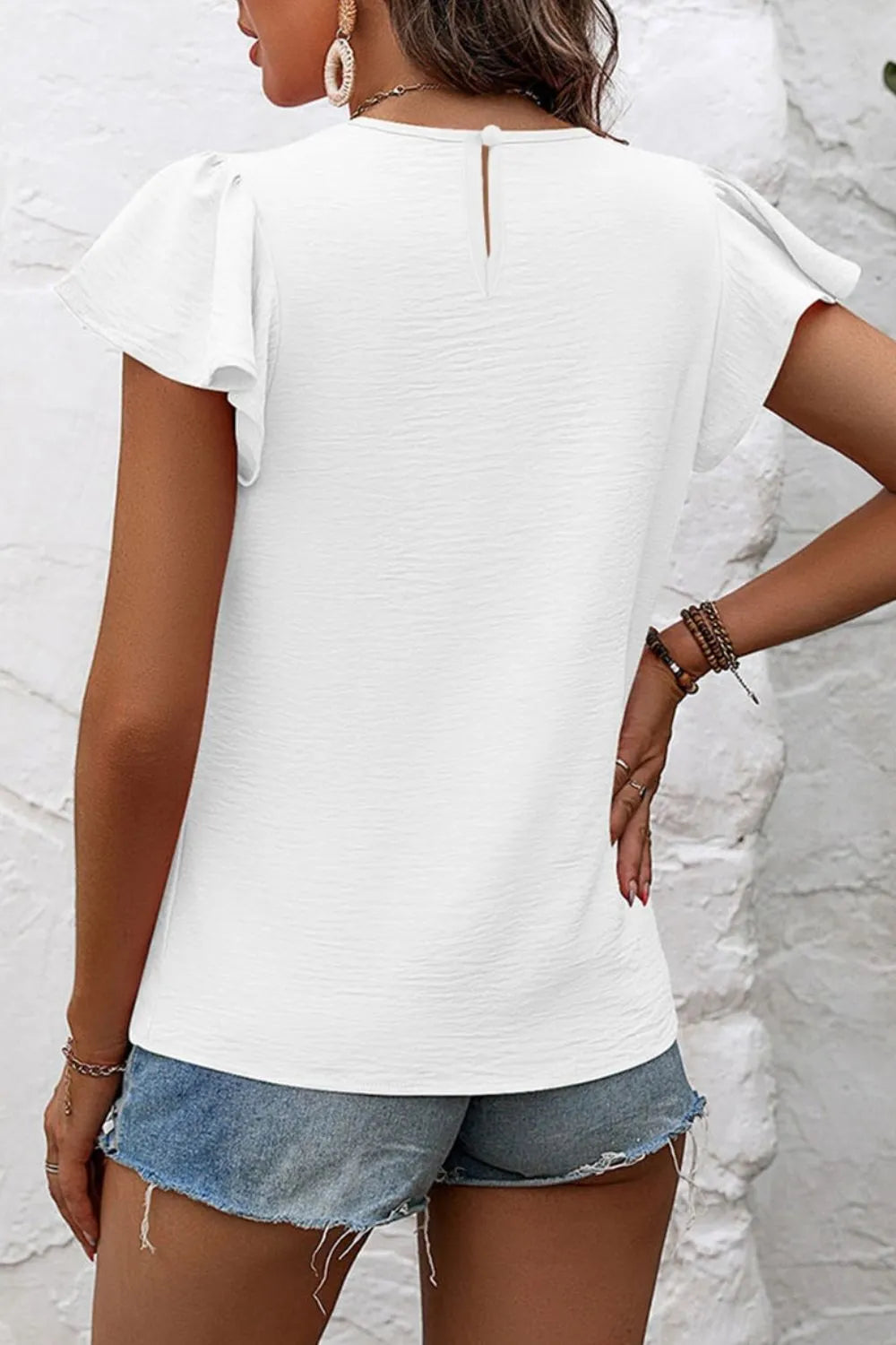 Ruffle Sleeve Round Neck Casual Blouse