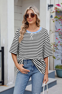 Contrast Striped Round Neck Half Sleeve T-Shirt
