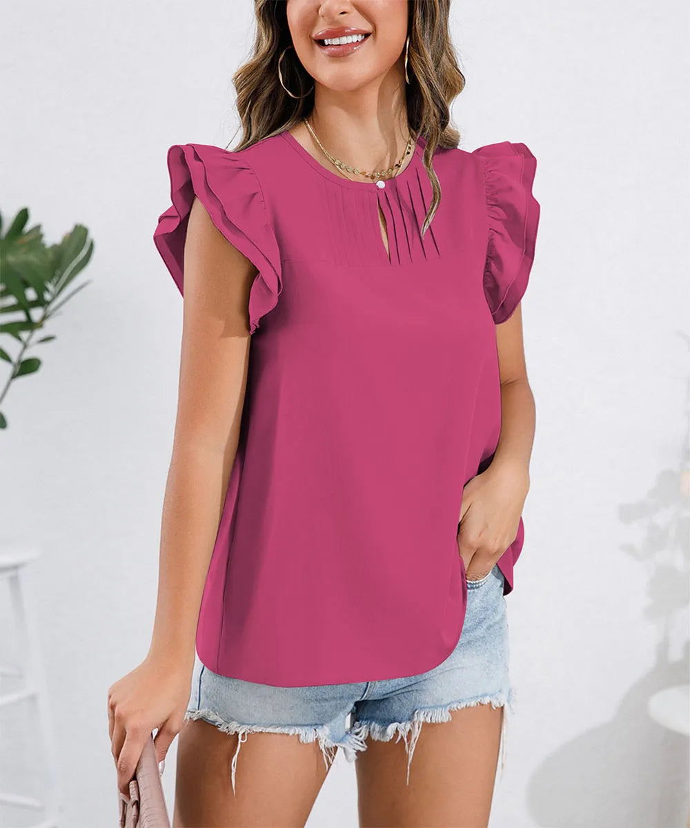 Ruffle Cap Sleeve Round Neck Blouse