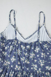 Floral Spaghetti Strap Frilled V Neck Tiered Midi Dress