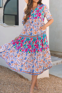 Mixed Floral Print Tie Neck Short Sleeve Dress