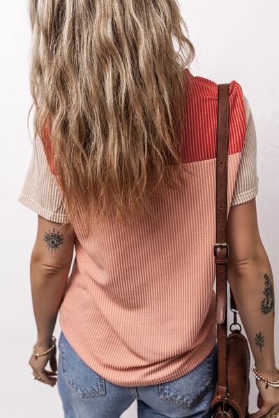 Color Block Round Neck Short Sleeve T-Shirt